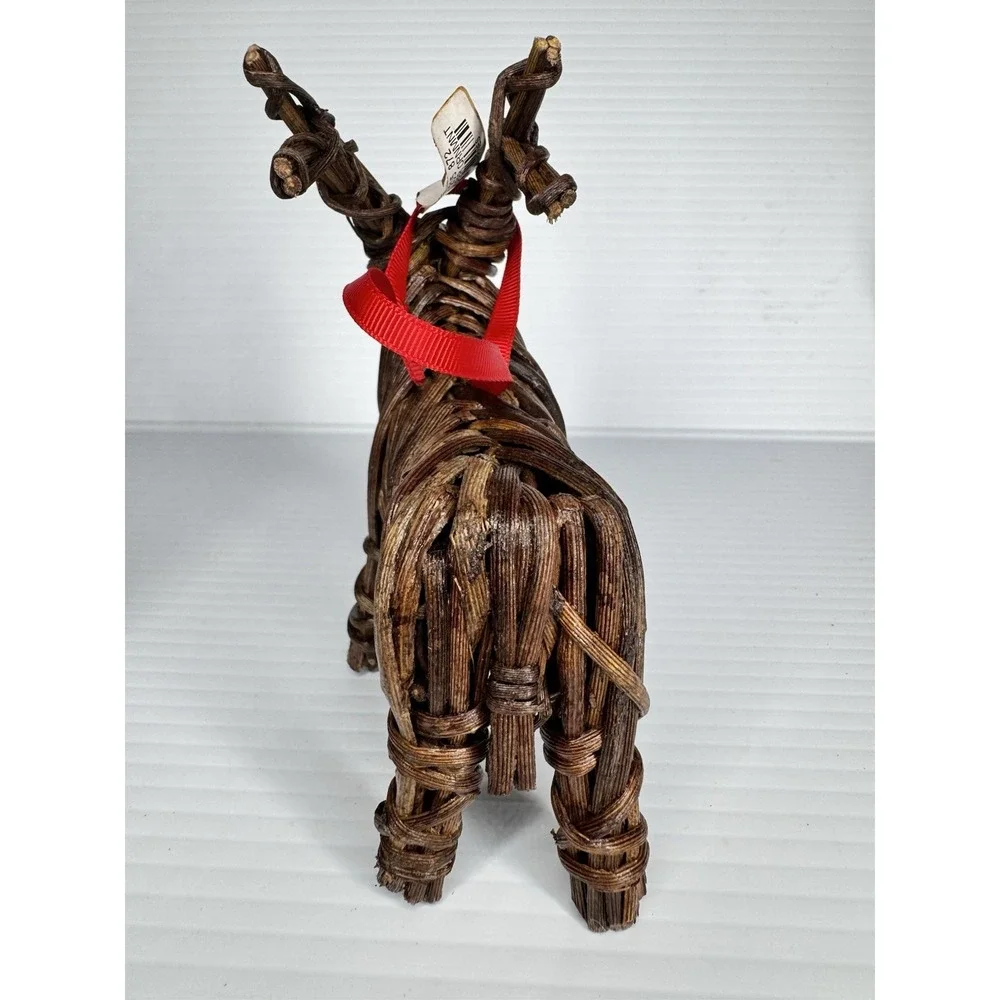 Pottery Barn NWT Reindeer Christmas Ornaments Deer Pair Wood Wicker Ribbon 7